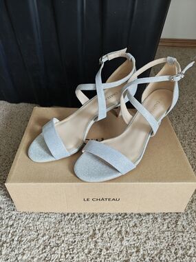 le chateau Silver Glitter Strappy Mid Heel Sandals